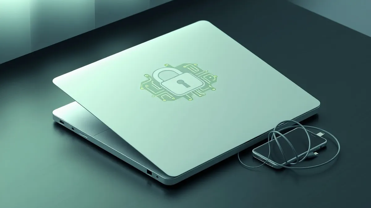 Illustration: A sleek silver laptop sits closed on a dark wooden desk beside a shattered smartphone and a tangled charging cable.