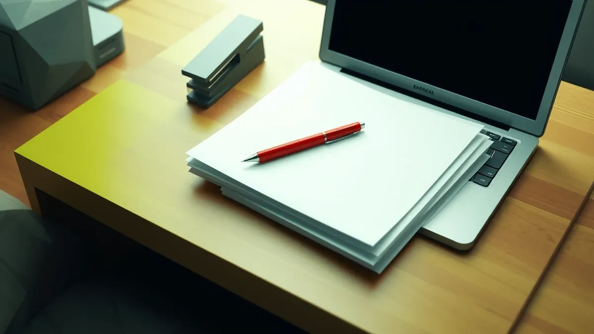 Illustration: A cluttered wooden desk holds a stack of blank white papers and a simple stapler next to a dusty laptop with a dark, inactive screen.