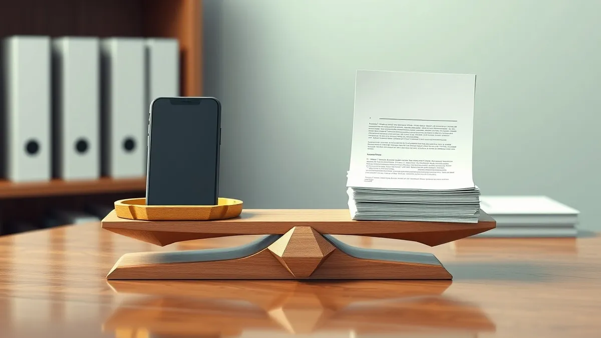 Illustration: A wooden scale sits on a polished desk, balancing a sleek smartphone on one side against a stack of blank legal documents on the other.