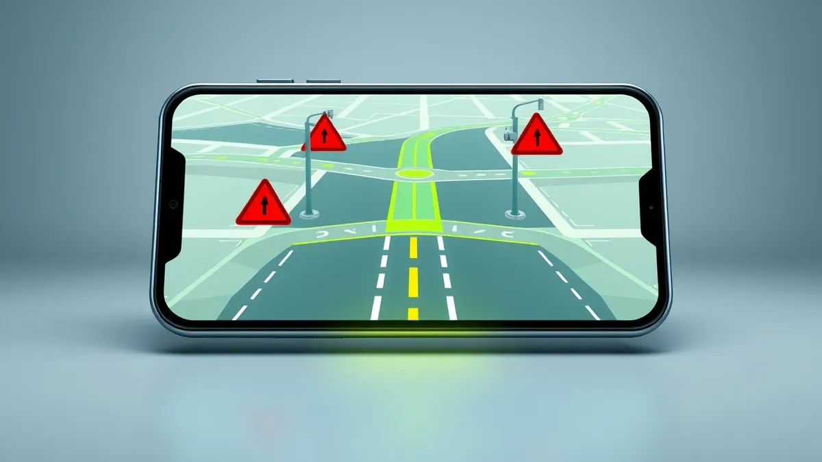 Illustration: A sleek smartphone displays a digital street map with red triangular icons marking intersections where traffic cameras are mounted on poles.