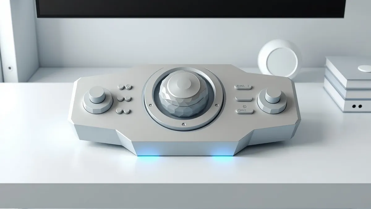 Illustration: A sleek silver control panel sits on a clean white desk, featuring a large central wheel surrounded by concentric rings of abstract geometric buttons.