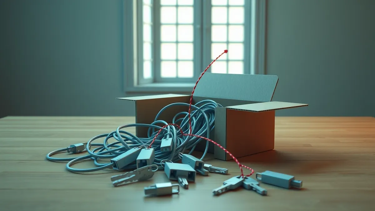 Illustration: An open cardboard box spills tangled ethernet cables and loose keys onto a wooden desk.