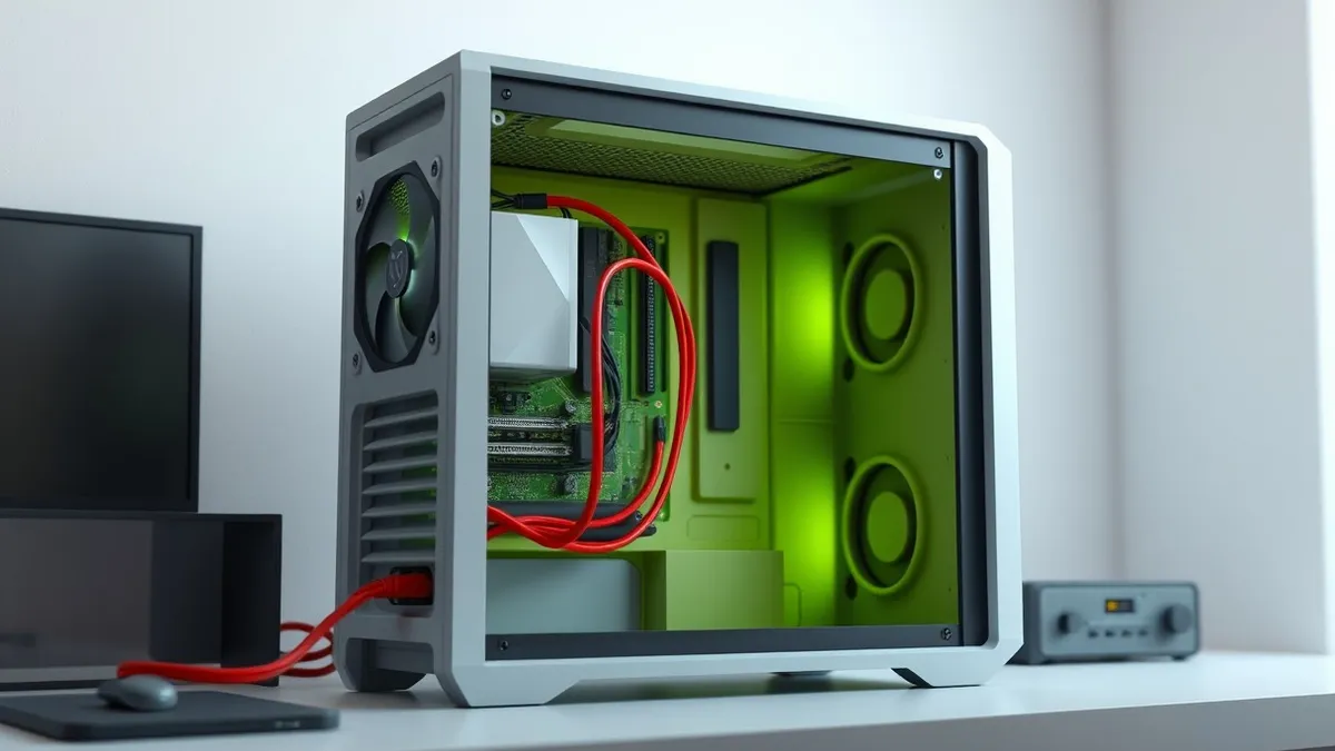Illustration: A sleek computer tower sits on a desk with its side panel removed, exposing the internal circuit board.