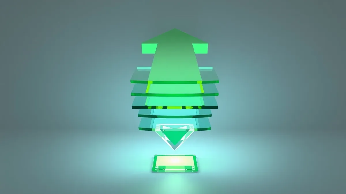 Illustration: A stylized, three-dimensional arrow curves downward through seven distinct, translucent glass layers, each a different cool color.