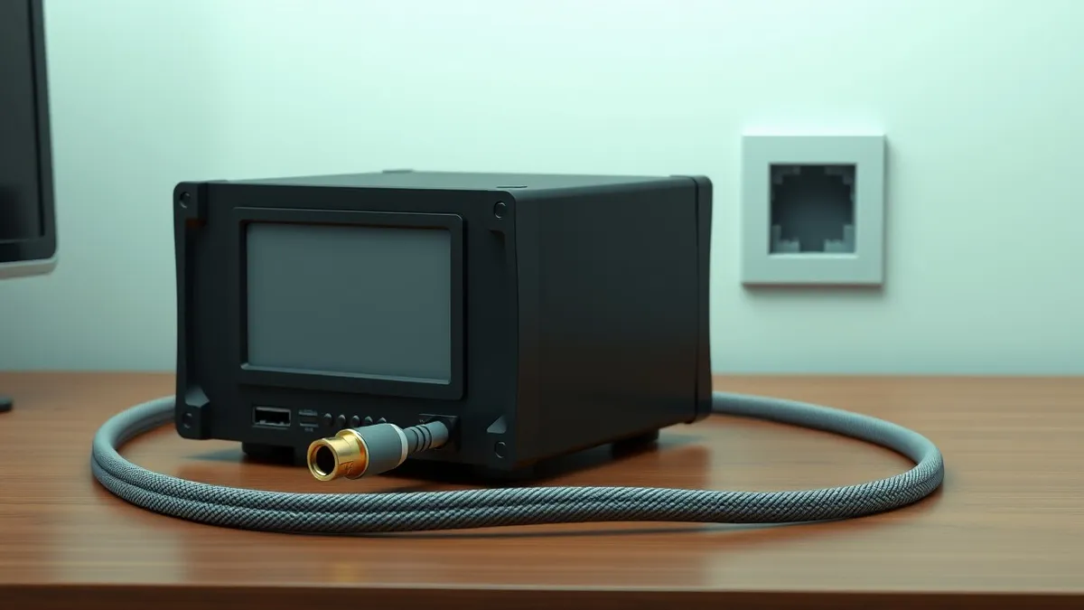 Illustration: A black broadcast video encoder sits on a wooden desk.
