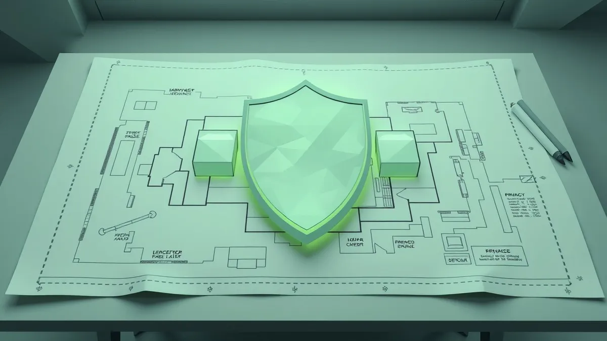 Illustration: A large architectural blueprint lies spread across a drafting table, overlaid with a translucent protective shield made of interlocking geometric tiles.