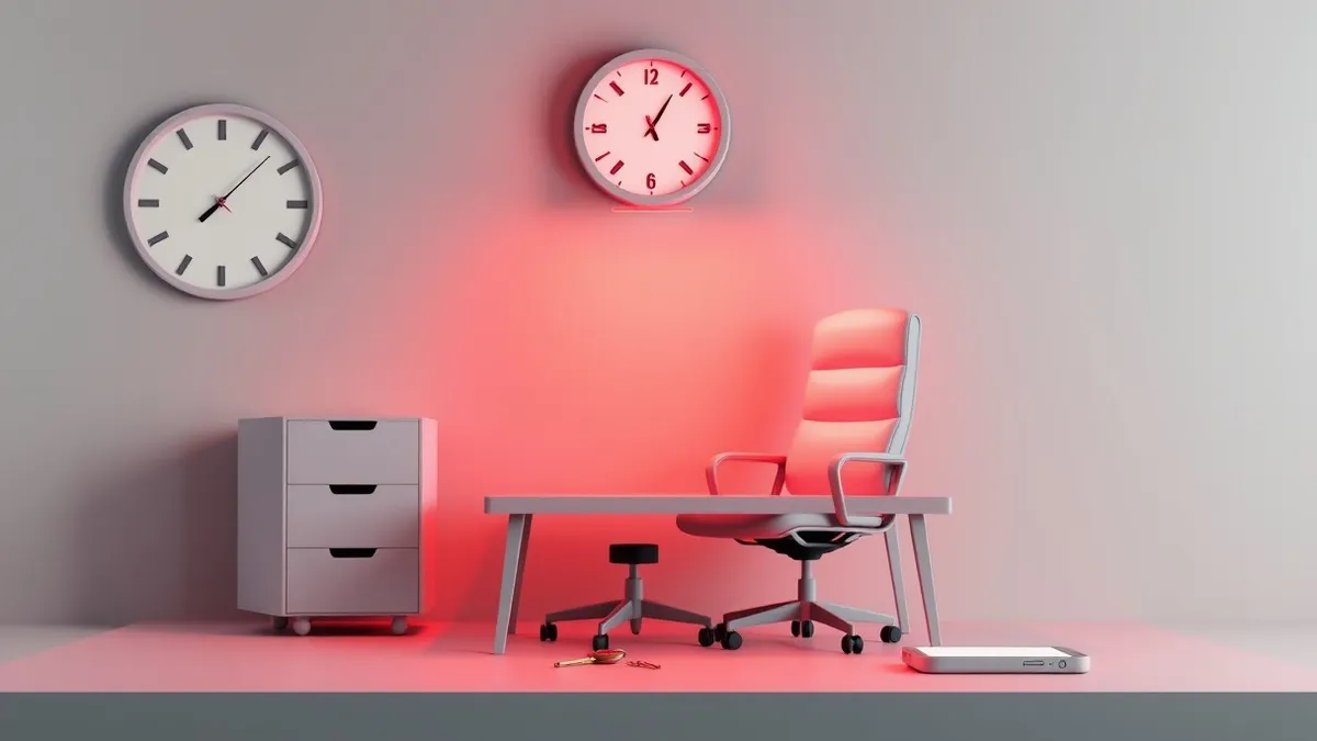 Illustration: A small office desk sits beneath a glowing red warning light.