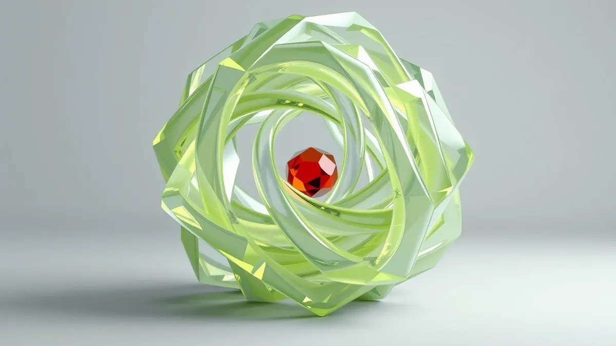 Illustration: A tangled web of translucent glass tubes distorts light as it passes through, hiding a small red gemstone embedded deep within the chaotic knot.