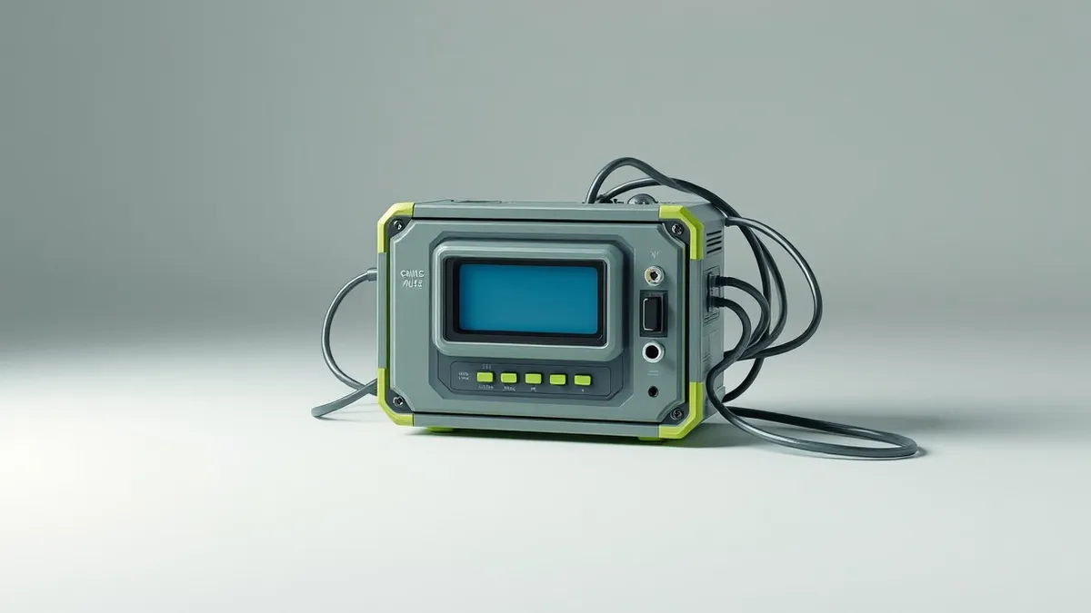 Illustration: A vintage, chunky electronic encryption module sits isolated on a stark white surface.