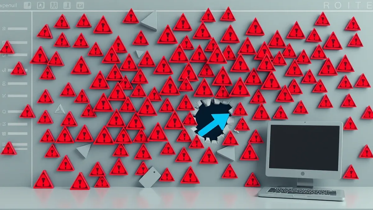 Illustration: A cluttered digital dashboard displays a chaotic storm of identical red warning triangles.