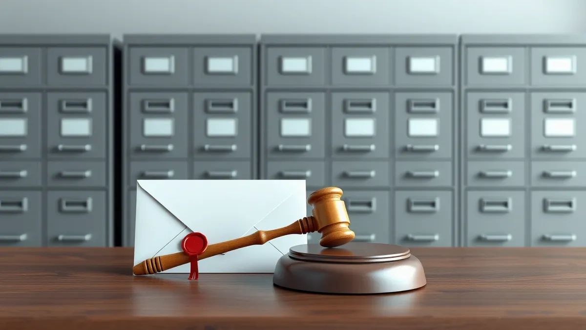 Illustration: A blank wooden gavel rests on a heavy desk beside a sealed envelope marked with a generic red wax seal.