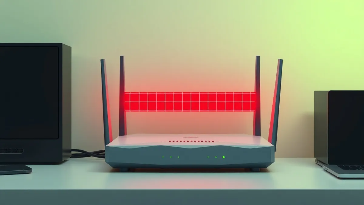 Illustration: A network router sits on a desk with a glowing red barrier blocking outgoing wireless signals.