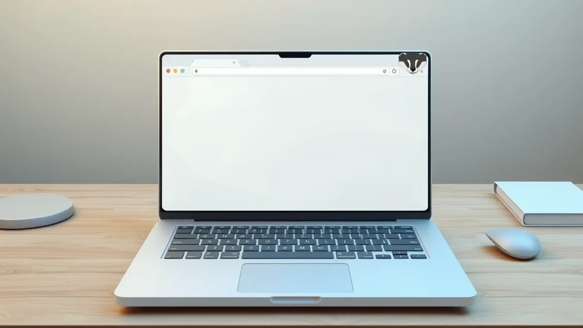 Illustration: A sleek laptop sits on a wooden desk with its screen displaying a web browser window filled with blank abstract shapes.
