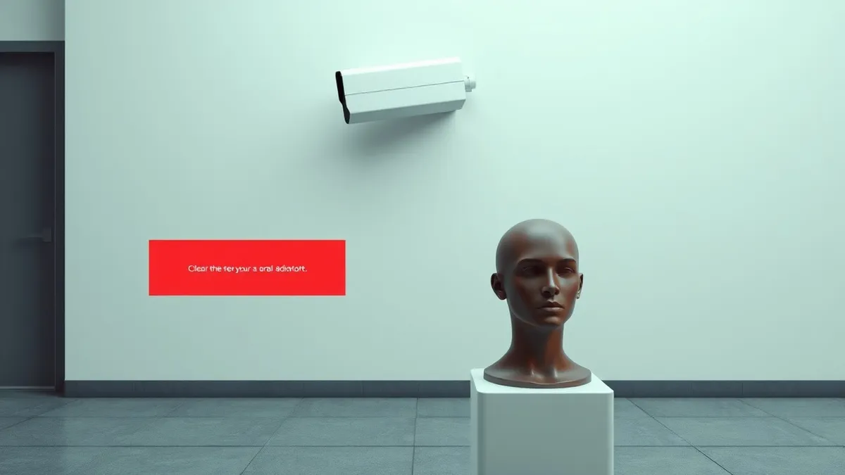 Illustration: A sleek white security camera mounted on a plain wall points downward at an empty sidewalk.