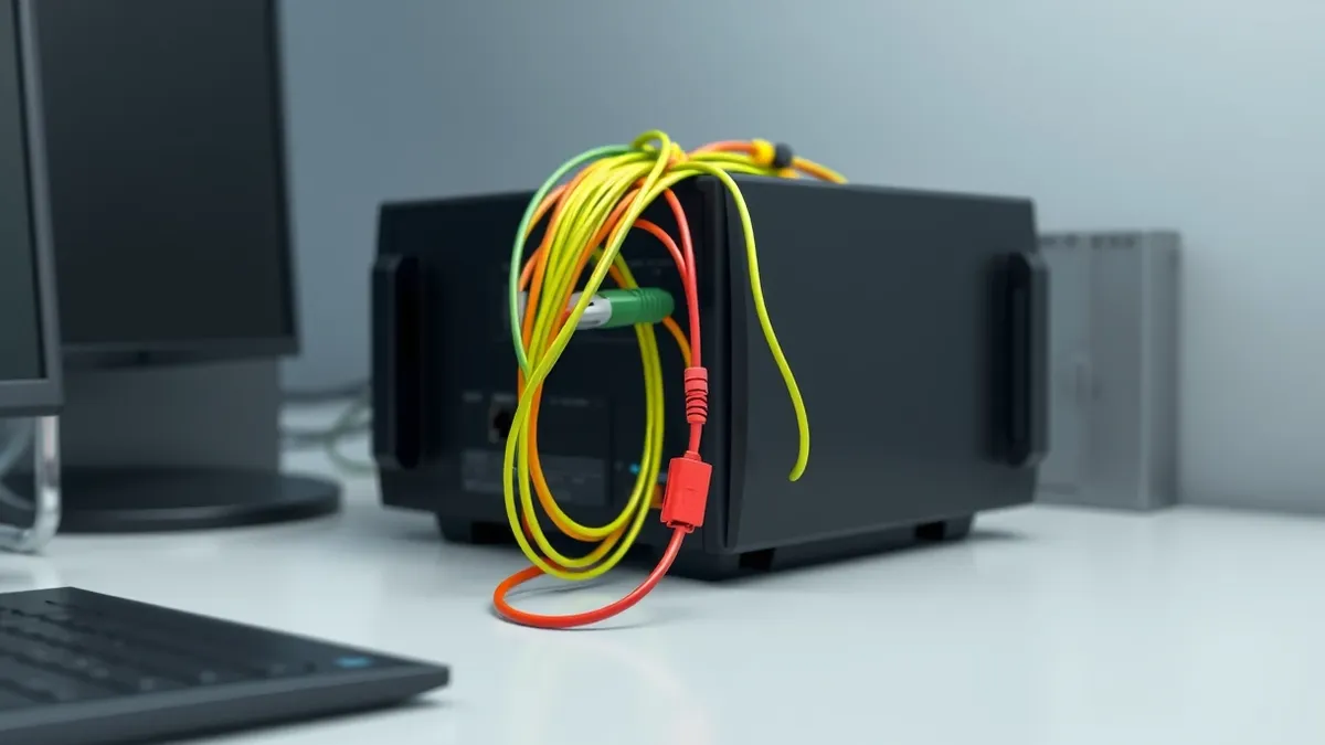 Illustration: A sleek black server appliance sits on a desk with its rear panel exposed.