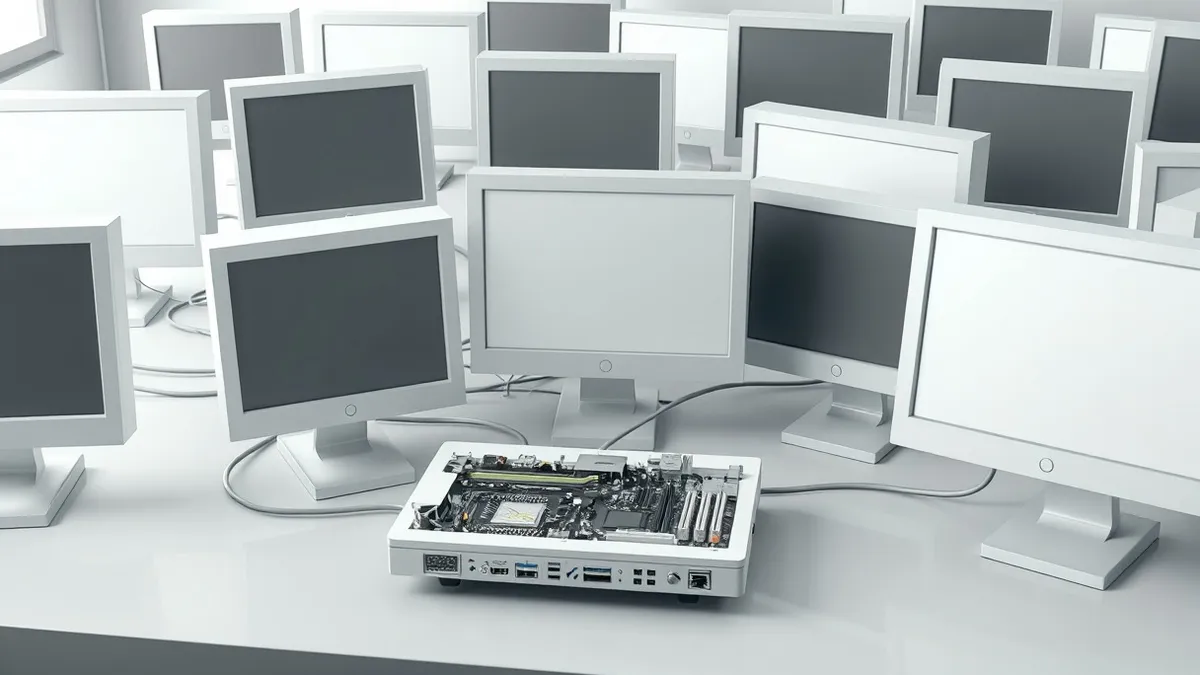 Illustration: A pristine white computer motherboard sits on a clean workbench, connected by a single cable to a tangled web of identical grey monitors.
