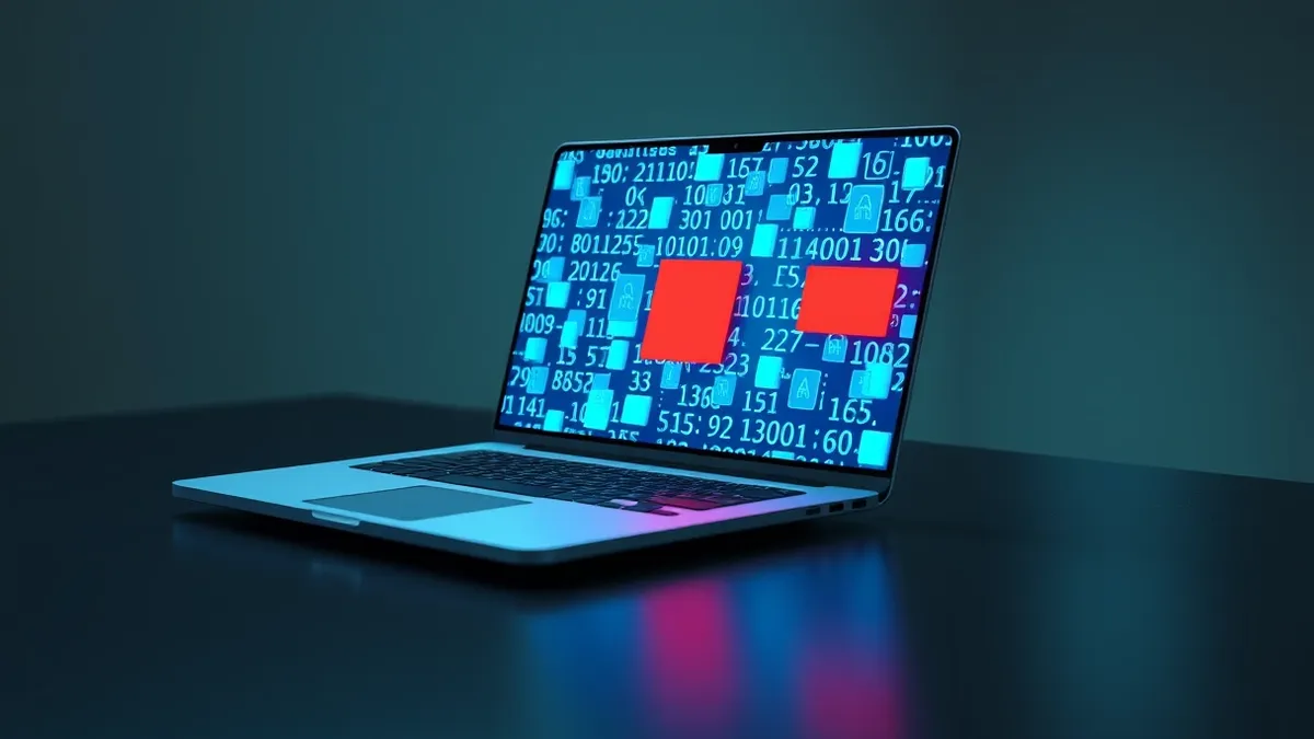Illustration: A sleek silver laptop sits on a dark wooden desk, its screen displaying a tangled web of abstract geometric code blocks.