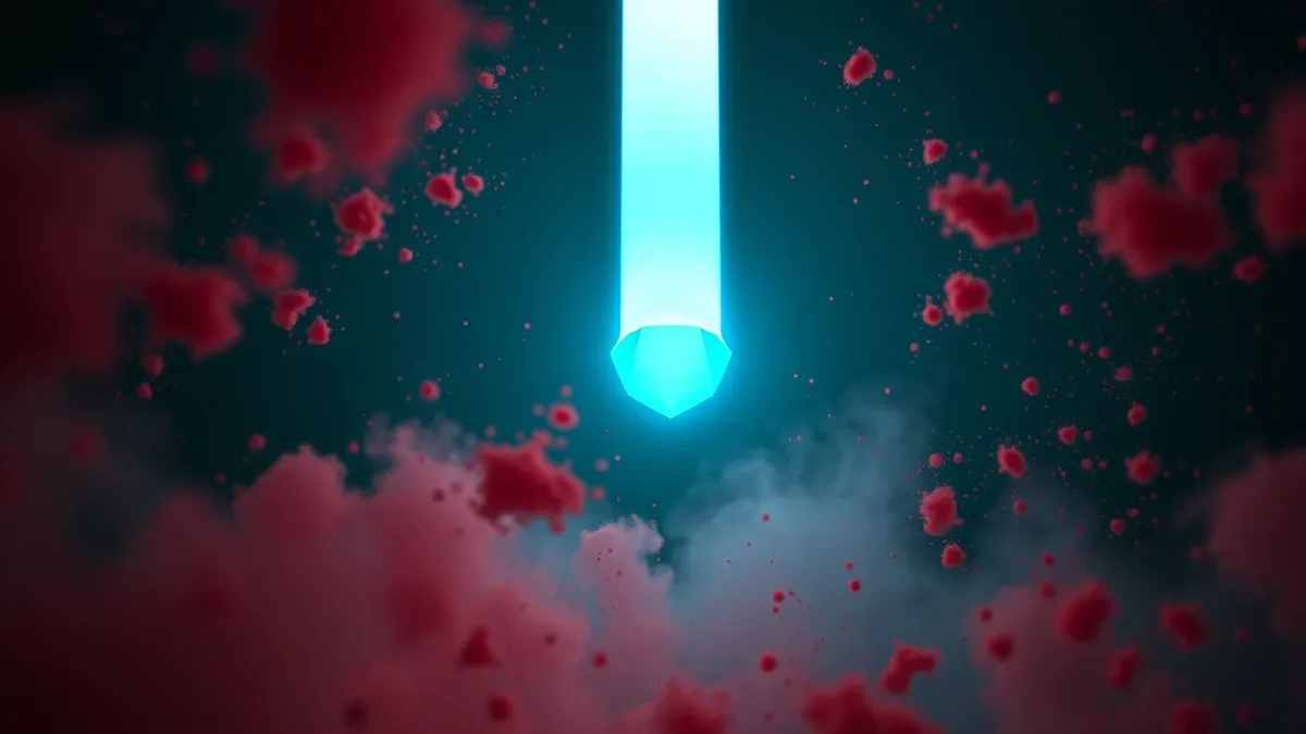 Illustration: A solitary, glowing blue sensor node floats in a dark void, surrounded by swirling clouds of chaotic red dust.
