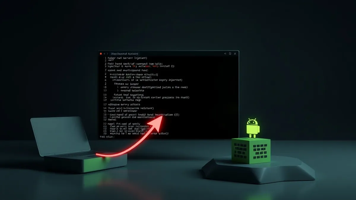 Illustration: A sleek black terminal window floats against a dark background, displaying simple abstract geometric shapes instead of code.