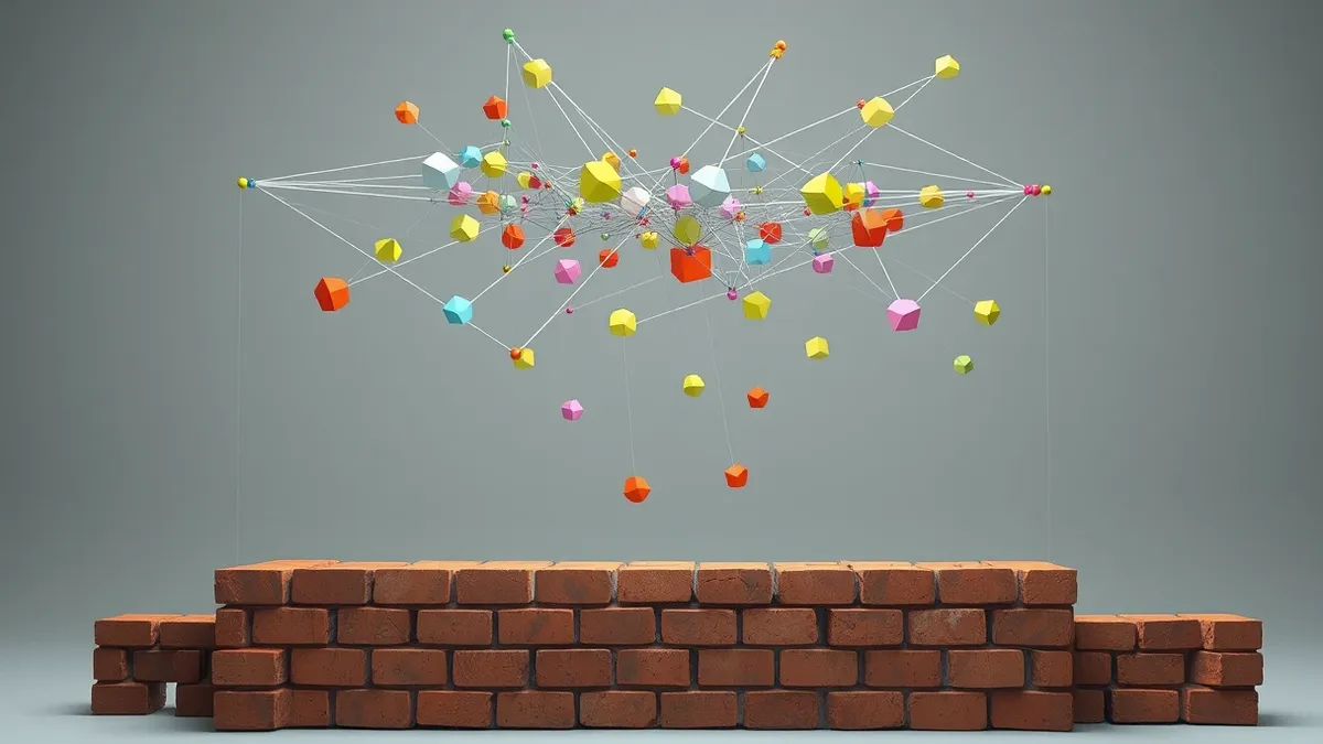 Illustration: A tangled web of colorful geometric shapes hangs loosely above a sturdy brick foundation, with several strands completely detached and floating in empty space.