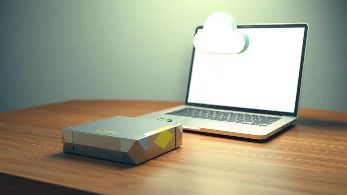 Illustration: A silver hard drive rests on a wooden desk beside an open laptop.