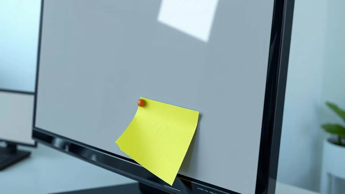 Illustration: A crumpled sticky note with faint, illegible scribbles peels off the edge of a sleek monitor.