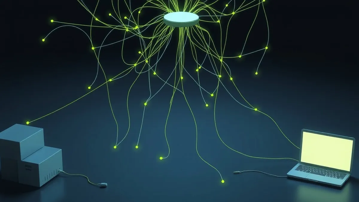 Illustration: A tangled web of thin threads connects various digital storage drives to a central hub, with several loose ends drifting away into darkness.