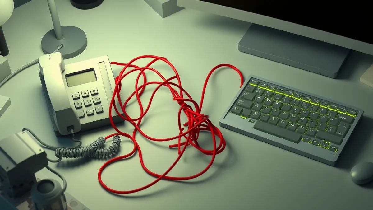 Illustration: A split workspace on a cluttered desk holds a tangled telephone handset on the left and a keyboard with glowing keys on the right.