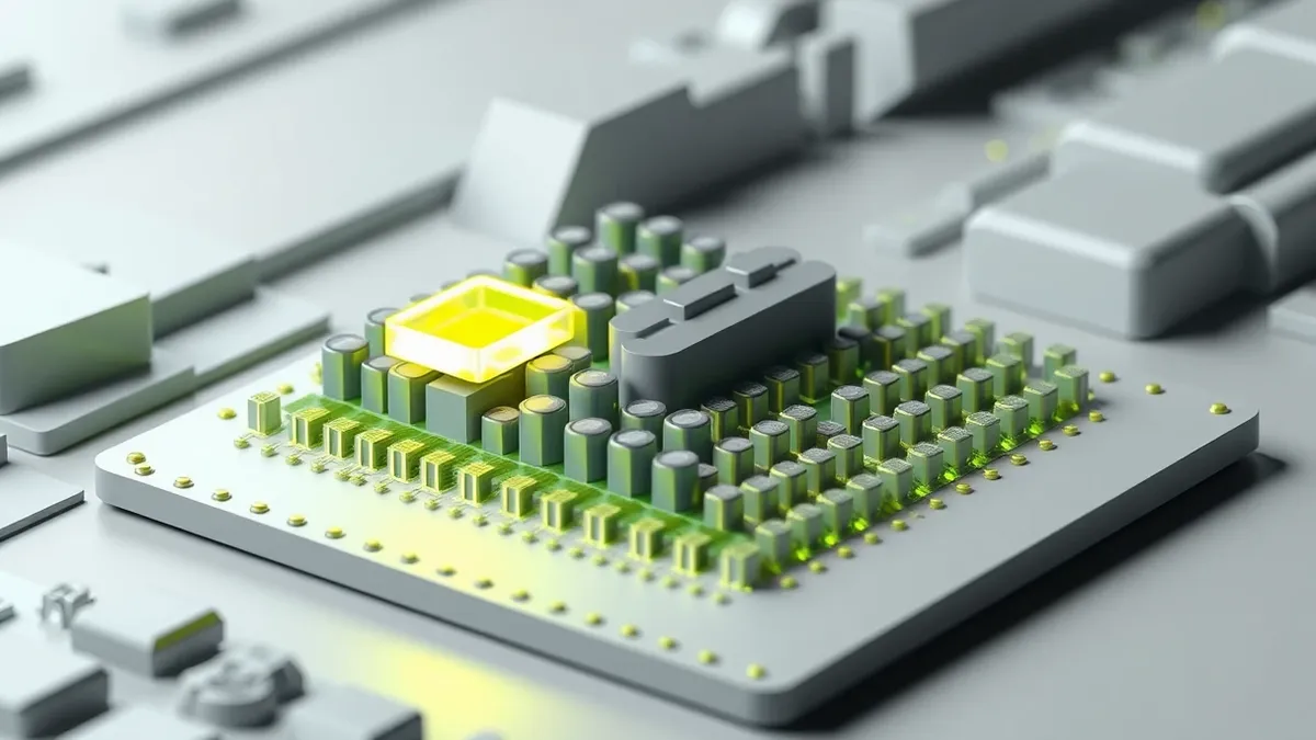 Illustration: A detailed cross-section of a computer memory chip reveals tiny capacitors packed tightly together.