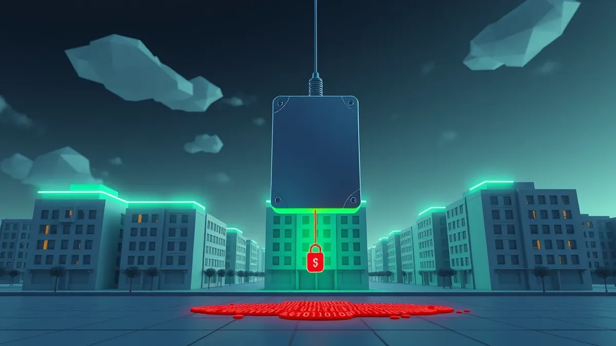 Illustration: A stack of generic office buildings sits under a dark sky, with glowing digital chains wrapping tightly around their roofs.