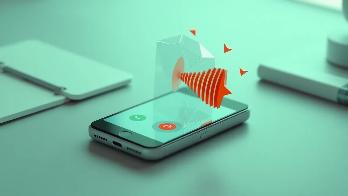 Illustration: A smartphone rests on a desk with its screen displaying a blank incoming call interface.
