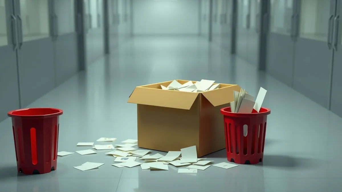 Illustration: A solitary cardboard box sits on a sterile office floor, filled with scattered paper files and loose index cards.