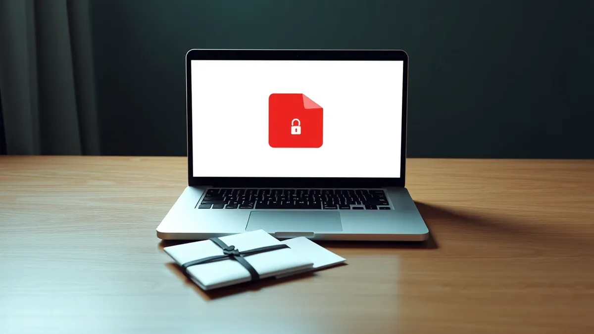 Illustration: A sleek silver laptop sits open on a polished wooden desk, its screen displaying a generic file folder icon with a red lock symbol.