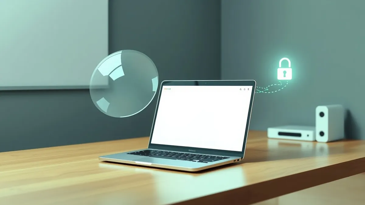 Illustration: A laptop sits on a wooden desk with a blank browser window open on the screen.