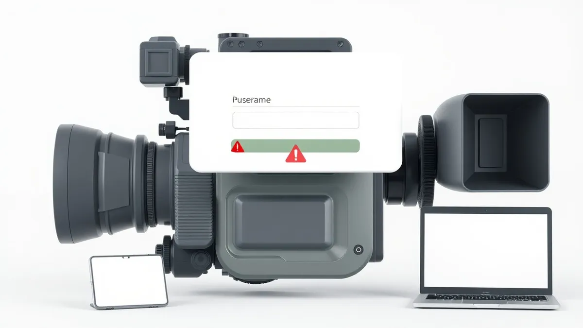 Illustration: A blank login form floats above a rugged broadcast camera, with an empty username box and a single highlighted password field.
