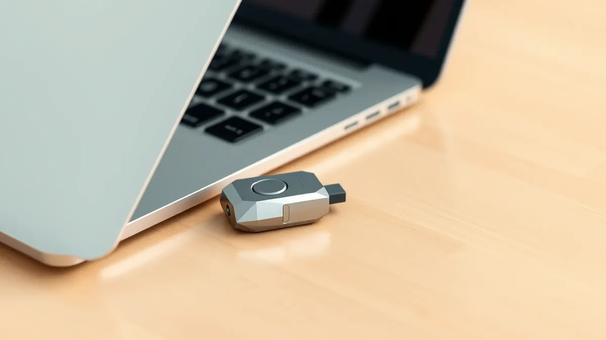 Illustration: A small, metallic USB security key rests on a clean wooden desk next to a modern laptop.